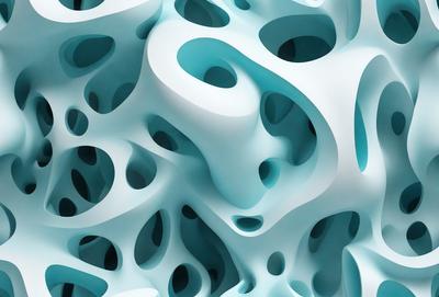 The primary subject of the image is a white, three-dimensional sculpture or artwork. The setting is a blue background, which contrasts with the white sculpture. The visual style appears to be a combination of digital art and illustration, creating a unique and intricate design. The colors and mood of the image are predominantly white and blue, giving it a clean and calming atmosphere.