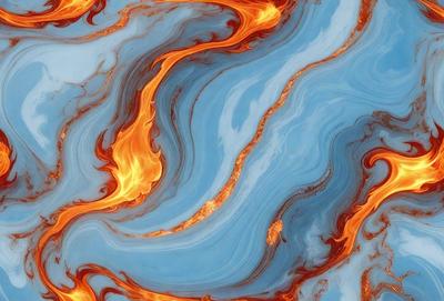 The primary subject of the image is a blue and orange swirling pattern, which appears to be a painting or a digital artwork. The setting is a blue and orange marbled surface, which adds to the visual style of the image. The colors and mood of the image are vibrant and dynamic, creating a sense of movement and energy.