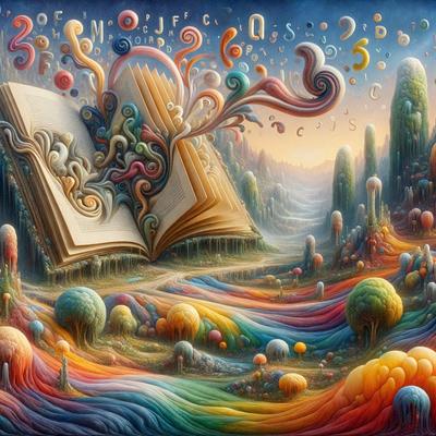 The primary subject of the image is a book, which is the main object, scene, or focus of the image. The setting/background features a colorful, whimsical landscape with a variety of objects, such as trees, flowers, and other elements. The visual style of the image is digital art, illustration, or a painting, as it is a creative and imaginative representation of the book. The colors and mood of the image are vibrant, lively, and whimsical, with a sense of playfulness and creativity.