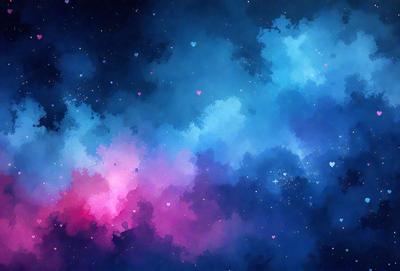 The primary subject of the image is a colorful, swirling, and cloudy background with a blue hue. The setting is a night sky, and the visual style is a combination of digital art and illustration. The colors and mood of the image are vibrant, lively, and energetic.
