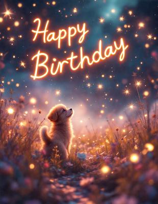 The primary subject of the image is a small dog sitting in a field of flowers. The setting is a beautiful, colorful field with a sky background. The visual style is a digital art illustration, creating a warm and inviting atmosphere. The dominant colors are shades of pink and yellow, which are associated with happiness and celebration.