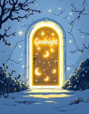 The primary subject of the image is a door with a "Goodnight" sign on it. The door is open, and the setting is a nighttime scene with a moon visible in the background. The visual style is a cartoon or comic illustration, and the colors and mood are predominantly dark and serene.