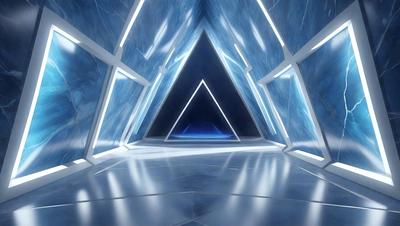 The primary subject of the image is a large, open room with a blue and white color scheme. The room features a large, open doorway with a blue triangle on the wall. The setting is a futuristic environment, possibly a space station or a high-tech facility. The visual style of the image is a combination of photo and digital art, creating a unique and captivating atmosphere. The dominant colors in the image are blue and white, giving the space a clean and modern appearance.
