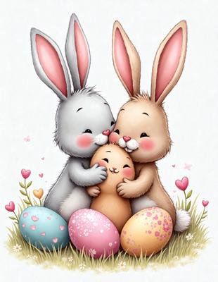 The primary subject of the image is a group of three cute bunnies, with one of them holding a baby bunny. The setting is a grassy field, and the visual style is a colorful, hand-drawn illustration. The colors and mood of the image are cheerful and warm, with the bunnies and baby bunny being the main focus of the scene.
