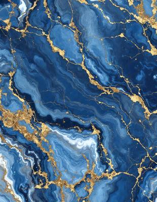 The primary subject of the image is a blue and gold marble wall. The setting is a room with a blue and gold marble wall as the main focus. The visual style is a close-up of the marble wall, showcasing its intricate patterns and textures. The dominant colors are blue and gold, creating a luxurious and elegant atmosphere.