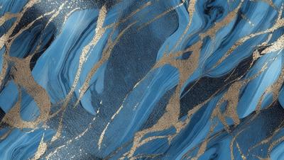 The primary subject of the image is a blue and gold patterned wallpaper. The setting is a room with a blue and gold wallpapered wall. The visual style is a close-up of the wallpaper, showcasing the intricate design. The dominant colors are blue and gold, creating a warm and inviting atmosphere.