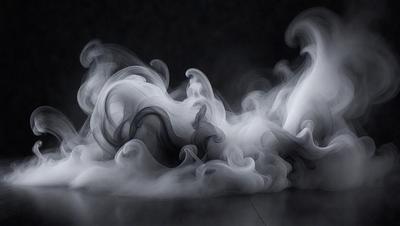 The primary subject of the image is a cloud of smoke, which is the main object, scene, or focus of the image. The setting is a dark background, which contrasts with the smoke. The visual style is a black and white photo, giving the image a classic and timeless appearance. The colors and mood are dominated by the smoke, which creates a dramatic and mysterious atmosphere.