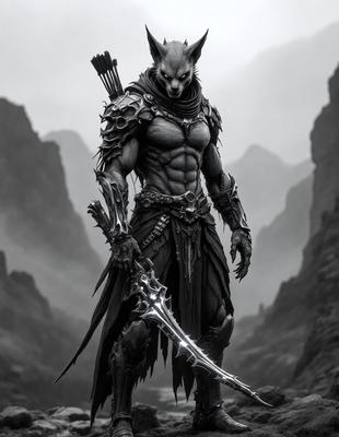 The primary subject of the image is a character, possibly a demon or a warrior, dressed in a costume and holding a weapon. The setting is a dark, possibly fantasy or sci-fi, environment with a mountainous background. The visual style appears to be a digital art or illustration, with a focus on the character and the weapon. The colors and mood of the image are dark and mysterious, creating an atmosphere of danger and intrigue.