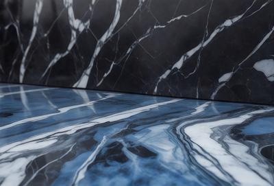 The primary subject of the image is a marble countertop with a blue and white marble pattern. The setting is a kitchen or bathroom, as the countertop is located in a corner. The visual style is a photo, showcasing the natural beauty of the marble countertop. The colors and mood of the image are predominantly blue and white, creating a clean and elegant atmosphere.