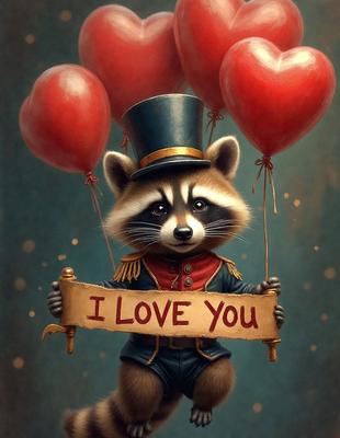 The primary subject of the image is a cartoon-like character, possibly a raccoon, dressed in a top hat and holding a sign that reads "I Love You." The setting appears to be a whimsical, imaginative scene, possibly a children's book or a comic strip. The visual style is a combination of digital art and illustration, creating a unique and playful atmosphere. The colors are predominantly red and white, which adds to the warmth and love expressed in the image.