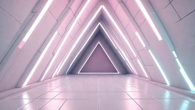 The primary subject of the image is a large, white triangle. The setting is a white room with a pink background, giving the space a futuristic and modern appearance. The visual style is a combination of digital art and illustration, creating a unique and captivating scene. The dominant colors are white and pink, which contribute to the overall mood of the image, evoking a sense of curiosity and wonder.