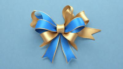 The primary subject of the image is a gold and blue bow. The setting is a blue background, and the visual style appears to be a photo. The colors and mood of the image are warm and inviting, with the gold and blue colors creating a sense of elegance and sophistication.