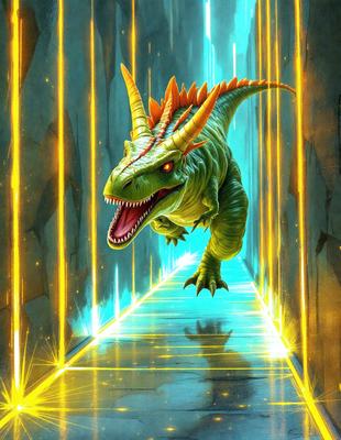 The primary subject of the image is a green and orange dinosaur with a long neck and sharp teeth. The dinosaur is walking down a path, possibly a tunnel, with a blue background. The visual style of the image is digital art, and the colors and mood are vibrant and energetic.