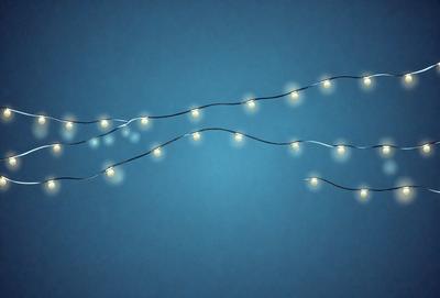 The primary subject of the image is a string of lights, which are illuminated and hanging from the ceiling. The lights are arranged in a curved pattern, creating a visually appealing and artistic display. The setting is a blue background, which complements the lights and adds to the overall atmosphere of the scene. The visual style of the image is a combination of digital art and illustration, as the lights are depicted in a realistic manner while still maintaining a creative and artistic touch. The colors and mood of the image are predominantly blue, which gives the scene a calm and serene feel.