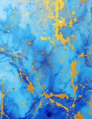 The primary subject of the image is a blue and gold painting, featuring a blue background with gold accents. The setting is a wall, and the visual style appears to be a combination of digital art and illustration. The dominant colors are blue and gold, creating a rich and vibrant atmosphere.