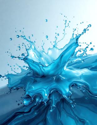 The primary subject of the image is a splash of blue water, which appears to be a digital art or illustration. The setting is a white background, and the visual style gives the impression of a water drop or a water splash. The dominant colors are blue and white, creating a calm and soothing atmosphere.