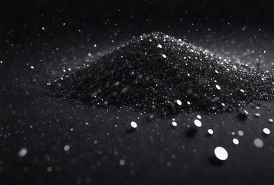 The primary subject of the image is a black substance, possibly a powder or a small pile of black sand, with a glittery appearance. The setting is a dark background, which contrasts with the black substance. The visual style appears to be a close-up of the black substance, possibly a photo or a digital artwork. The colors and mood of the image are predominantly dark, with the black substance being the main focus and the glittery appearance adding a touch of intrigue to the scene.