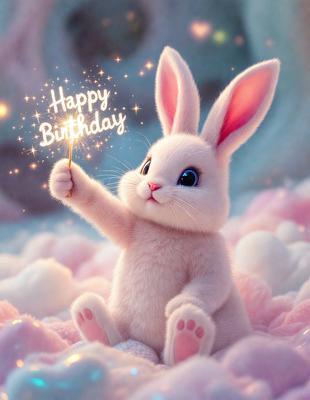 The primary subject of the image is a white bunny rabbit sitting on a pink surface. The bunny is holding a sparkler in its paw, creating a festive atmosphere. The setting is a pink background, which adds to the overall mood of the scene. The visual style of the image is a combination of photo and digital art, creating a unique and eye-catching illustration. The colors and mood of the image are predominantly pink and happy, reflecting the celebratory nature of the birthday scene.