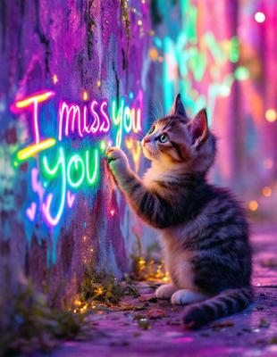 The primary subject of the image is a small kitten, which is standing on a brick wall and interacting with a neon sign. The setting is an urban environment, with the kitten standing on a brick wall. The visual style of the image is a combination of a photo and digital art, as the kitten appears to be painted onto the brick wall. The colors and mood of the image are vibrant and lively, with the neon sign and the kitten's presence creating a playful and energetic atmosphere.