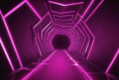 The primary subject of the image is a tunnel with a purple lighting effect. The setting is a dark room, and the visual style appears to be a digital art or illustration. The dominant colors are purple and pink, creating a unique and futuristic atmosphere.