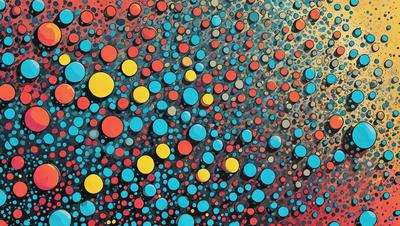 The primary subject of the image is a colorful, abstract painting featuring a mix of red, blue, yellow, and orange colors. The setting is a blue background, and the visual style appears to be a combination of digital art and illustration. The painting has a vibrant and lively atmosphere, with the various colors creating a dynamic and engaging scene.