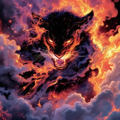 Primary subject: A black panther with flames in its eyes, mouth, and paws.

Setting/background: A cloudy sky with flames and smoke.

Visual style: Digital art.

Colors and mood: The black panther has orange and yellow flames, creating a fiery and intense atmosphere.