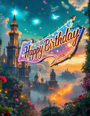 Happy Birthday: [The main object, scene, or focus of the image is a birthday sign with a castle in the background.]

Setting/background: [The environment, backdrop, or surface visible in the image is a castle with a sky background.]

Visual style: [The image is a digital art or illustration.]

Colors and mood: [The dominant colors in the image are pink and purple, creating a warm and celebratory atmosphere.]