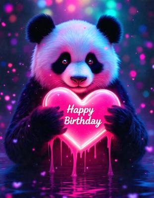 The primary subject of the image is a panda bear holding a heart. The setting is a pink background, which adds a warm and festive atmosphere to the scene. The visual style is a digital art or illustration, creating a unique and eye-catching image. The colors and mood are predominantly pink, which is associated with love and affection, making the image a heartwarming and joyful celebration of a birthday.