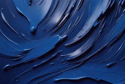 The primary subject of the image is a blue, swirling, and flowing substance, which appears to be a painting or a digital artwork. The setting is a dark blue background, which contrasts with the swirling blue substance. The visual style is a combination of painting and digital art, creating a unique and captivating visual experience. The colors and mood of the image are predominantly blue, with a sense of depth and movement, evoking a sense of fluidity and motion.