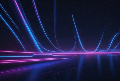 The primary subject of the image is a futuristic, neon-lit tunnel. The setting is a dark, empty tunnel with a blue background. The visual style is a digital art or illustration, creating a vibrant and dynamic atmosphere. The dominant colors are blue and pink, giving the scene a futuristic and surreal feel.
