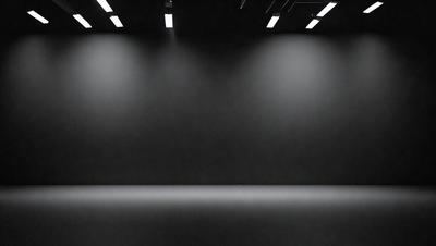The primary subject of the image is a black wall with a row of lights on it. The setting is a dark room, and the visual style is a black and white photo. The dominant colors are black and white, and the overall atmosphere is moody and dramatic.
