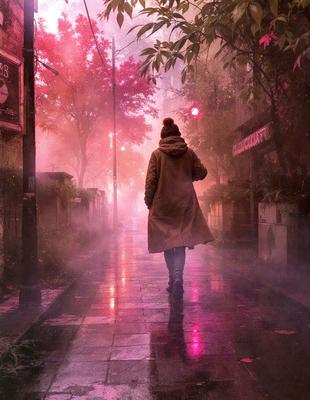 The primary subject of the image is a woman walking down a street. She is wearing a long coat and appears to be walking in the rain. The setting is a city street with a red glow, possibly due to the rain or a nearby light source. The visual style of the image is a combination of photo and digital art, creating a unique and atmospheric scene. The colors and mood of the image are predominantly red and pink, giving the scene a moody and dramatic feel.