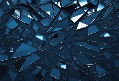 The primary subject of the image is a blue glass wall with a mirrored surface. The setting is a dark room, and the visual style is a close-up of the glass wall. The colors and mood of the image are predominantly dark and moody, with the blue glass wall and mirrored surface creating a striking contrast against the dark background.