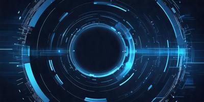 The primary subject of the image is a blue circle, which is the main object, scene, or focus of the image. The setting/background features a blue and black background, which adds to the overall visual style. The image is a digital art or illustration, showcasing a futuristic and technological atmosphere. The dominant colors are blue and black, creating a sense of depth and sophistication.