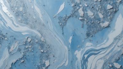 The primary subject of the image is a blue and white ocean scene with a rocky texture. The setting is a large body of water, and the visual style is a combination of photo and digital art. The dominant colors are blue and white, creating a serene and calming atmosphere.