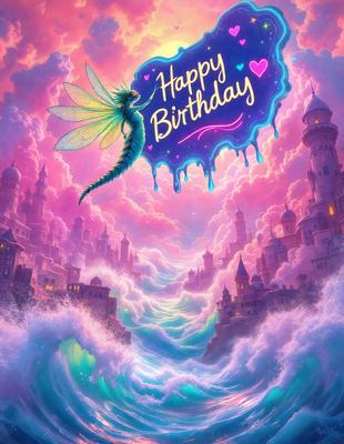 Happy Birthday: [The main object, scene, or focus of the image is a dragon or a similar creature, with the words "Happy Birthday" written above it. The setting is a purple, cloudy sky, and the visual style is digital art. The dominant colors are purple and blue, creating a warm and celebratory atmosphere.]