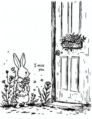 The primary subject of the image is a bunny holding a bouquet of flowers. The setting is a doorway, with a door visible in the background. The visual style is a hand-drawn illustration, giving the image a warm and charming atmosphere. The colors are predominantly pastel shades, which contribute to the overall mood of the scene.