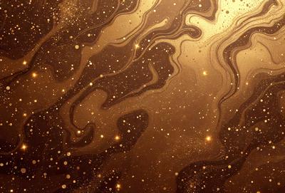 The primary subject of the image is a close-up of a gold-colored surface, possibly a wall or a piece of artwork. The setting appears to be a dark room, with the gold surface being the main focus. The visual style of the image is a combination of a photo and digital art, creating a unique and intriguing appearance. The colors and mood of the image are predominantly gold and dark, giving it a warm and mysterious atmosphere.