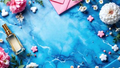 The primary subject of the image is a blue marble table with a heart-shaped pink card on it. The setting is a table with a blue marble surface. The visual style is a photo, and the colors and mood are predominantly blue and pink, creating a warm and inviting atmosphere.
