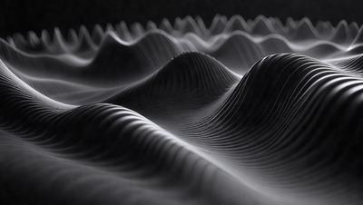 The primary subject of the image is a series of black and white waves, which are the main objects in the scene. The setting is a dark background, which contrasts with the waves. The visual style is a combination of a photo and digital art, as the waves are depicted in a patterned manner. The dominant colors are black and white, giving the image a moody and dramatic atmosphere.