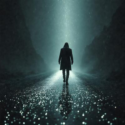 The primary subject of the image is a person walking down a road at night. The person is wearing a black coat and appears to be walking alone. The setting is a dark, wet road with a night sky in the background. The visual style is a black and white photo, which adds a sense of drama and mystery to the scene. The colors and mood of the image are predominantly dark and moody, with the person's silhouette and the night sky creating a sense of solitude and introspection.