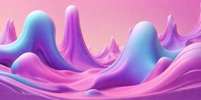 The image features a purple landscape with a pink background. The primary subject is a series of three large, curved, and colorful structures, which appear to be made of a combination of pink and purple. The setting is a pink and purple environment, creating a unique and visually striking scene. The visual style is a combination of digital art and illustration, with the use of vibrant colors and a creative design. The overall atmosphere is one of artistic expression and visual interest.