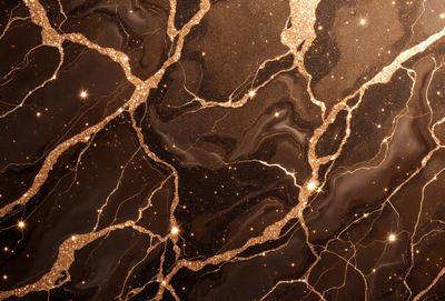 The primary subject of the image is a close-up of a marble surface with a gold-like pattern. The setting is a dark room, and the visual style appears to be a combination of a photo and digital art. The dominant colors are gold and black, creating a luxurious and elegant atmosphere.