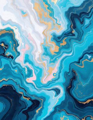 The primary subject of the image is a blue and gold swirling pattern, which appears to be a painting or a digital artwork. The setting is a blue and gold ocean, creating a serene and calming atmosphere. The visual style is a mix of digital art and painting, with the gold and blue colors adding a sense of depth and richness to the scene.