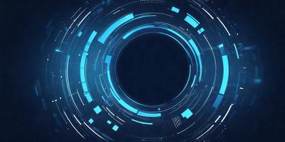 The primary subject of the image is a blue circle with a black hole in the center. The setting is a futuristic, digital environment, likely a computer screen or a graphic design. The visual style is a combination of digital art and illustration, creating a unique and captivating image. The dominant colors are blue and black, giving the scene a sleek and modern appearance.