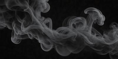 The primary subject of the image is a large, dark, and smoky cloud. The setting is a black background, which emphasizes the cloud's shape and texture. The visual style is a close-up of the cloud, showcasing its intricate structure. The colors and mood of the image are dark and moody, with the cloud's dense and ominous appearance.