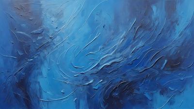 The primary subject of the image is a painting of a blue ocean with white and blue waves. The setting is a blue background, and the visual style appears to be a digital art or illustration. The dominant colors in the painting are blue and white, creating a serene and calming atmosphere.