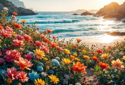Primary subject: Flowers
Setting/background: Ocean
Visual style: Photo
Colors and mood: Bright, vibrant, and cheerful
