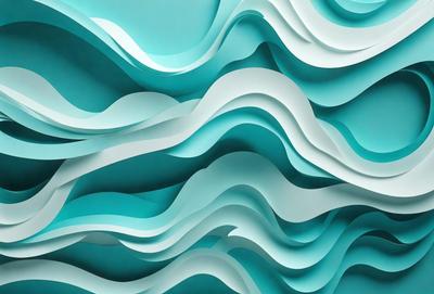 The primary subject of the image is a large, blue, curved wall with a wave-like pattern. The setting is a room with a blue background, and the visual style appears to be a combination of digital art and illustration. The dominant colors are blue and white, creating a calm and soothing atmosphere.