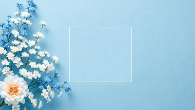The primary subject of the image is a bouquet of white flowers. The flowers are arranged in a vase, and they are placed on a blue background. The visual style of the image is a photo, and the dominant colors are white and blue. The overall atmosphere of the image is calm and serene.